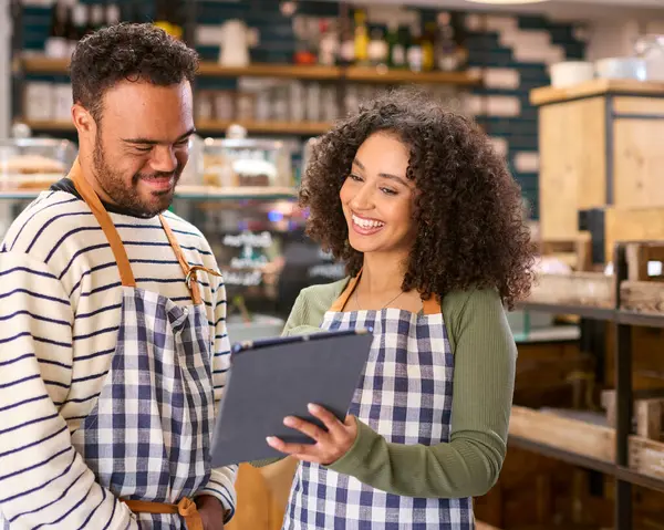 Woman Using Digital Tablet Working Food Shop Training Man Syndrome — Stock Photo, Image