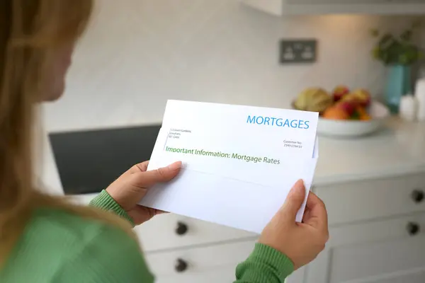 Close Woman Opening Letter Increase Mortgage Rate Cost Living Crisis — Stock Photo, Image
