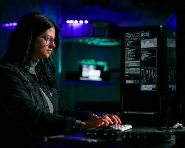 スクリーンの前で座っている女性のコンピュータ ハッカーの低いキーの照明ショット サイバー セキュリティ — ストック写真