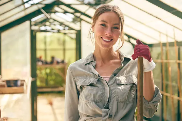 Portrait Smiling Woman Broom Working Greenhouse Home — Stock Photo, Image