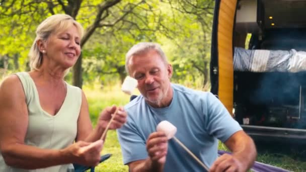 Rvの田舎でキャンプし 屋外でマシュマロを食べる ゆっくりとした動きで撮影 — ストック動画