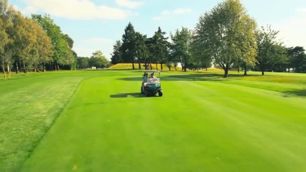 Drone Shot Couple Retraité Senior Chevauchant Buggy Golf Sur Cours — Video