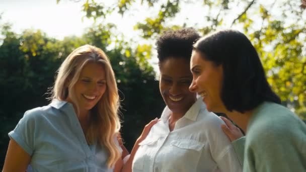 Tiga Sahabat Wanita Dewasa Yang Tersenyum Luar Ruangan Berbicara Ketika — Stok Video