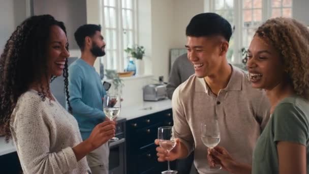 Multi Culturele Groep Van Jonge Vrienden Thuis Keuken Met Drankjes — Stockvideo