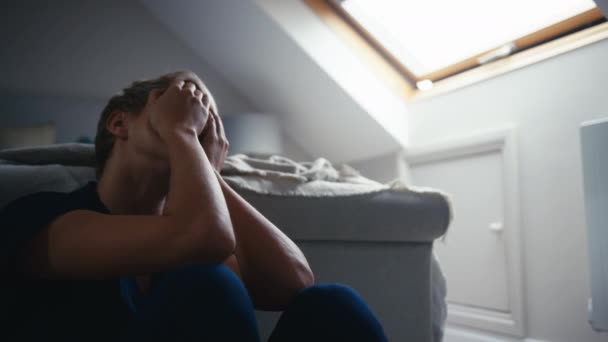 Exhausted Woman Wearing Nurses Uniform Sitting Bedroom Floor Home Head — Stock Video