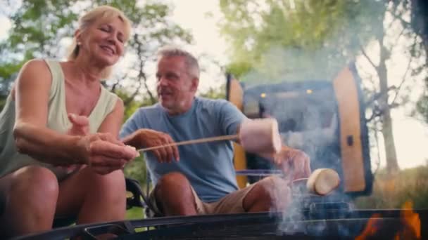 Cuplul Senior Pensionar Camping Țară Prăjirea Bezele Aer Liber Foc — Videoclip de stoc