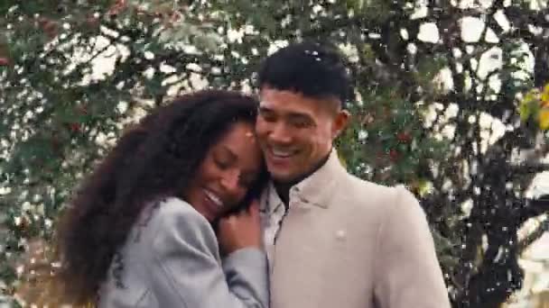 Aimant Jeune Couple Portant Des Manteaux Debout Extérieur Riant Comme — Video
