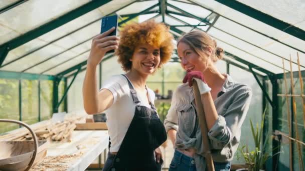 Portré Két Női Barátok Dolgozik Üvegházban Otthon Pózol Szelfi Mobiltelefon — Stock videók