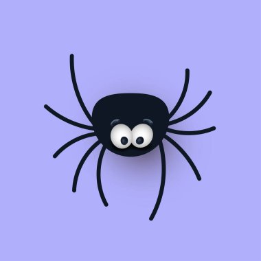 Şirin Örümcek. Cadılar Bayramı için çizgi film tarzı. Siyah ikon ve karakter. Cadılar Bayramı dekorasyonları için tasarım öğeleri, taslak, simge, çıkartma. Menekşe arkaplanda izole edilmiş vektör