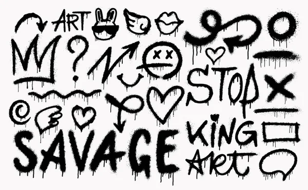 Set Graffiti Spruzzo Simboli Vettoriali Cuore Arte Corona Tuono Diavolo — Vettoriale Stock
