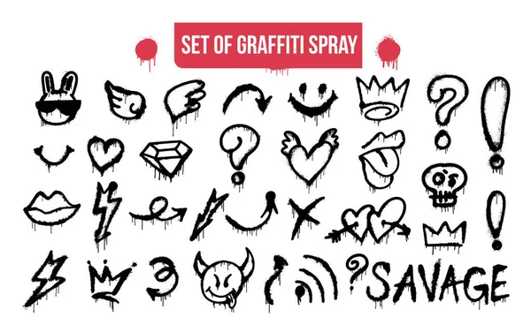 Grande Coleção Padrão Graffiti Spray Desenho Símbolos Coroa Trovão Diabo —  Vetores de Stock