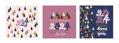 2024 Mutlu Yıllar afişleri. Kutlama ve sezon dekorasyonu için tipografi logosu 2024 olan yaratıcı dizayn şablonları konsepti. Markalaşma, kapak, kart, afiş için vektör modayı.