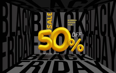 Kara Cuma indirimli pankart tasarımı. Kara Cuma mektupları perspektifte. Web sitesi ve mobil web sitesi geliştirme için sosyal medya şablonu, ve gazete tasarımı, pazarlama materyali. Vektör.