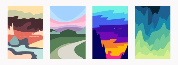Abstract Landscapes Set Colorful Sky Green Hills Field Grass Nature — Stock Vector