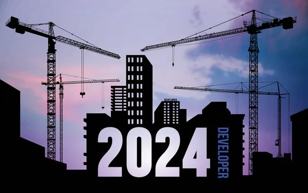 Fekete Sziluett Építési Daru Felhős Előkészítésére Üdvözlő 2024 Fejlesztő Üzlet — Stock Vector