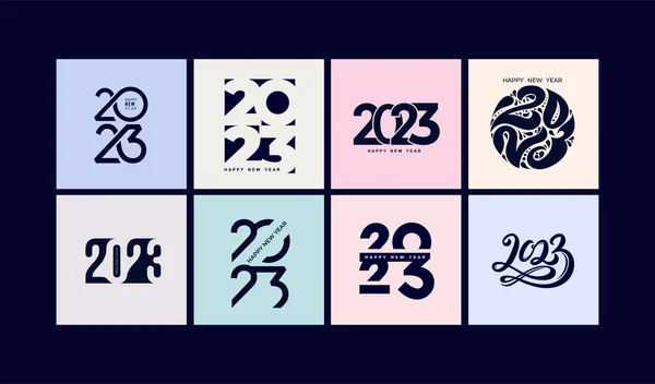 大系列2023快乐新年标志文字设计 除2023数字设计模板外 矢量彩色2023新年快乐的象征 蓝色标签在彩色背景上隔离的示例 — 图库矢量图片