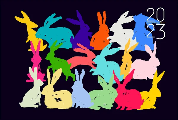 一套不同颜色的兔子轮廓 供设计使用 收集作为装饰元素的新年兔子笔迹轮廓 2023年的兔子 圣诞节病媒 — 图库矢量图片