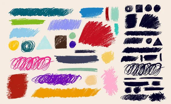 Ensemble Crayon Charbon Bois Lignes Bouclées Noires Grincements Traits Larges — Image vectorielle