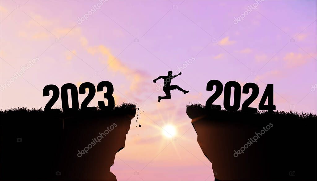 Bienvenido Feliz Año Nuevo en 2024, Vector hombre silueta negro