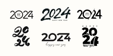 2024 mutlu yeni yıl logosu seti. 2024 numara tasarım şablonu. 2024 Mutlu Yıllar sembolleri koleksiyonu. Vektör çizimi. Markalaşma, kapak, afiş, kart posteri için en az moda arka planlar.