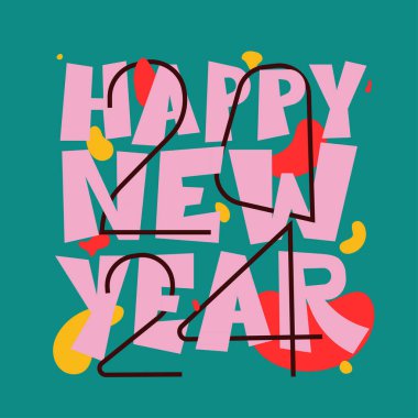 2024 Mutlu Yıllar 'ın yaratıcı posteri. Kutlama ve sezon dekorasyonu için 2024 numaralı tipografi logosuyla dizayn şablonu. Markalaşma, afiş, harf, kapak, kart, web için Noel modası.