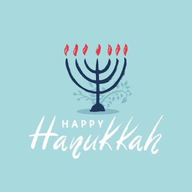 Mutlu Hanuka posterleri, üzerinde düz stil yaratıcı semboller olan kartlar. Kart, pankart, tipografi için modern tasarım fırça darbeleri. Menoralı mutlu Hanuka tebrik kartları. Vektör illüstrasyonu.