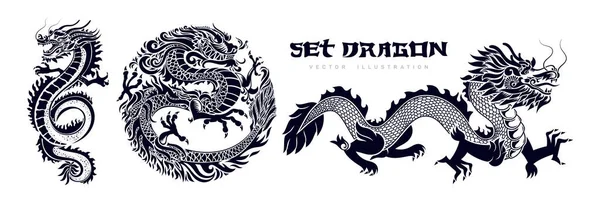 Stock vector Traditional Chinese Dragon. Set of black asian dragons. Happy Chinese New Year 2024 year of the dragon zodiac sign with asian elements black and white paper cut style. Vector Illustration.