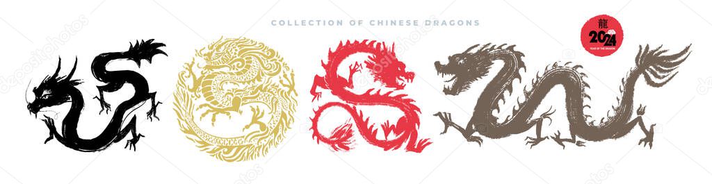 Ollection of Chinese hand drawn dragons. painted with a brush stroke black, gold, red, brown. Traditional Chinese Dragon. Set of asian dragons. Happy Chinese New Year 2024 year. Vector illustration.