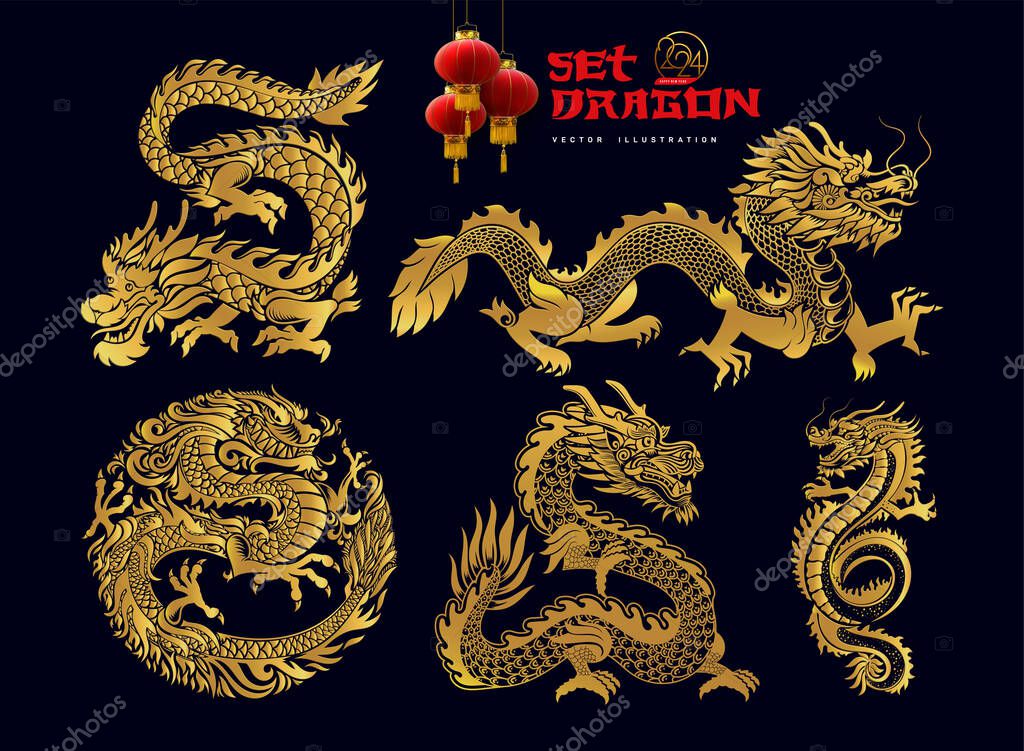 Collection of Traditional Chinese Dragon. Big set of black asian dragons. Happy Chinese New Year 2024 year of the gold dragon zodiac sign with asian elements golden paper cut style. Vector.