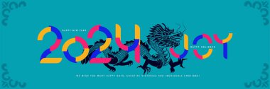 Modern 2024 yılı tipografi tasarımı düz stil ile. Trend 2024 kutlama kartı tasarımı. Renkli tasarım, moda tarzı. Broşür tasarım kartı, afiş. Kırmızı arkaplanda vektör illüstrasyonu izole edildi.