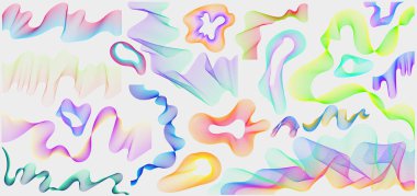 Soyut renkli geometrik şekiller gelecekteki çizgi tasarım elementleri, bilgi şekilleri. Modern modaya uygun geçmişe dönük dijital buharlaşma seti. UI ve UX için geçmişe dönük fütüristik. Vektör.