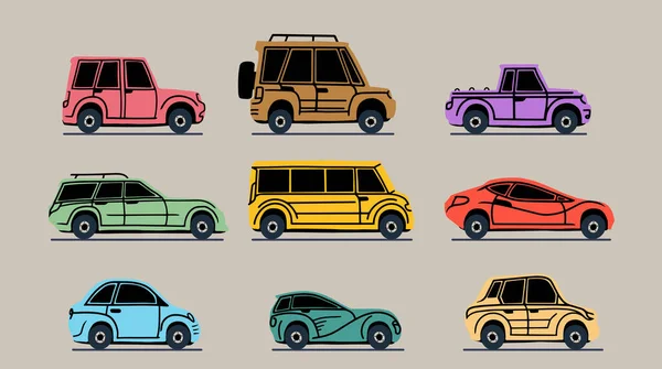 Conjunto Varios Coches Vehículos Colores Automóviles Sedán Todoterreno Camioneta Cupé — Archivo Imágenes Vectoriales