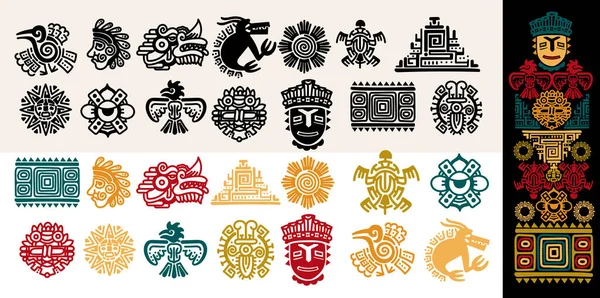 Conjunto Símbolos Dioses Mexicanos Idolos Tótem Aves Animales Aztecas Abstractos — Vector de stock