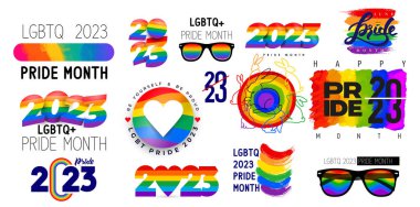 LGBT Onur Ayı 2023 koleksiyonu. Gökkuşağı bayrağı, güneş gözlükleri, tavşan, logolar, semboller ve renkli çıkartmalar. İnsan hakları ve hoşgörü. LGBTQ topluluğu. Vektör illüstrasyonu.
