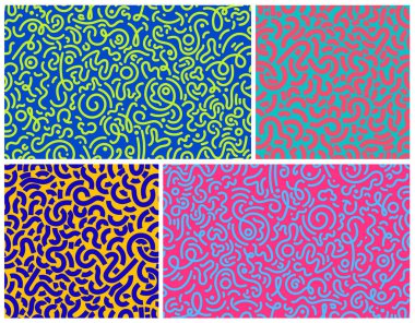 Renkli karalamalar, kusursuz desenler. Çocuklar için yaratıcı, soyut, eğri büğrü çizim tarzı veya temel şekilli moda tasarımı. Basit vektör çocuksu karalama duvar kağıdı baskısı.