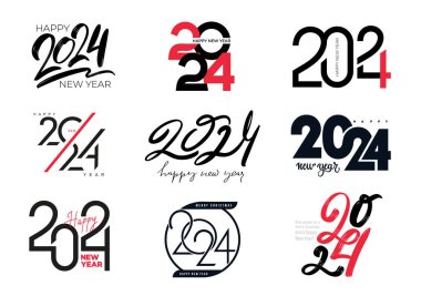 2024 tipografi logo tasarımı seti. Mutlu yıllar 2024 logo tasarımı. Sayı dizayn şablonu. 2024 yılbaşı sembolleri. Günlükler, defterler, takvimler için siyah etiketli bir vektör.