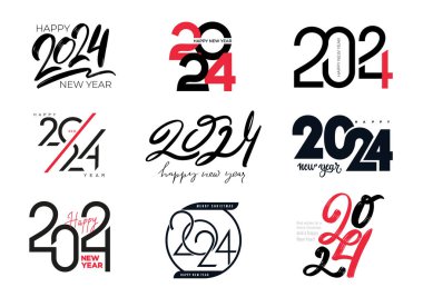 Set of 2024 typography logo design concept. Happy new year 2024 logo design. Number design template. Christmas symbols 2024 New Year. Vector with black labels logo for diaries, notebooks, calendars. clipart