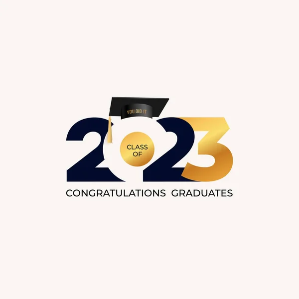 黒と金の色で2023年のバッジデザインのクラス テンプレート卒業生2023バナー ポスター 高校や大学卒業のための学術帽子付きステッカーカード ベクターイラスト — ストックベクタ