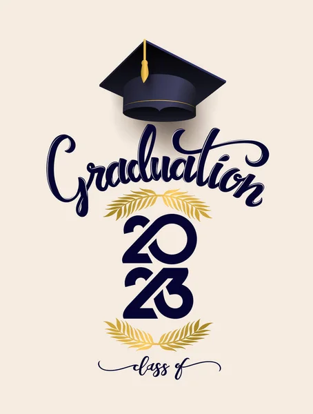 卒業キャップ 黄金の枝 卒業2023の設計のためのバナー 2023年卒業生 ソーシャルメディア ウェブ カードで学位授与式の装飾のためのテンプレート ベクターイラスト — ストックベクタ