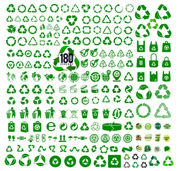 170の生態アイコンの大きなセット リサイクルアイコン 包装製品の設計のための記号や記号 輸送される商品に関する情報 およびリサイクルの兆候 ベクターイラスト — ストックベクタ
