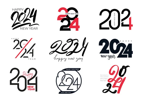stock vector Set of 2024 typography logo design concept. Happy new year 2024 logo design. Number design template. Christmas symbols 2024 New Year. Vector with black labels logo for diaries, notebooks, calendars.