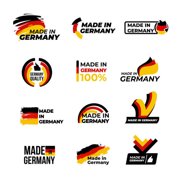 Коллекция Made in Germany. Логотипы, этикетки, наклейки, указатели, значки, символы и страницы с иконкой германского флага на элементе дизайна. Набор векторных иллюстраций. Изолированный на белом фоне.