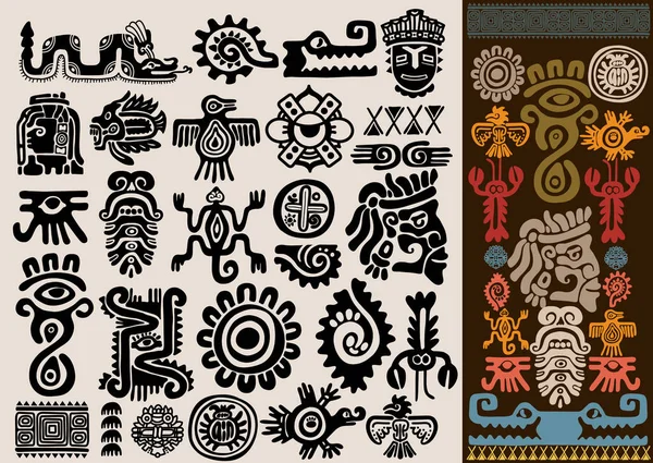 Mexické Bohy Sada Aztéckých Zvířecích Ptáků Totem Idoly Starověké Inca — Stockový vektor