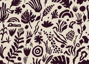 El çizimi minimum vektör soyut organik şekiller deseni. Kusursuz baskı kolajı modern baskısı. Tasarım için modaya uygun şablon. Modern kolaj. Moda baskıları ve grafikler için çiçek deseni.