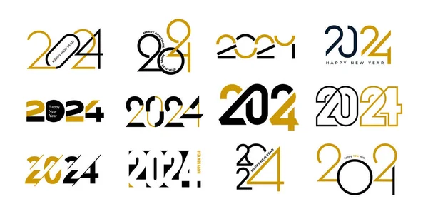 Modern Boldog Évet 2024 Design Set Karácsony Gyönyörű Arany Fekete — Stock Vector