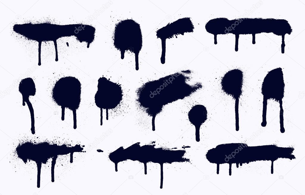 Spray painted texture set. Paint splatter dots black, graffiti drips, sprayed paints. Street art print, vandalism paint circle splat spot grunge silhouette. Template vector symbols.