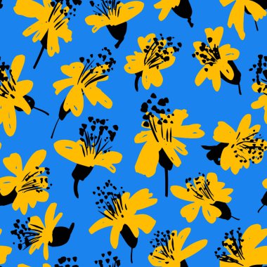 Mavi üzerine kusursuz bir el çizimi, soyut ve küçük çiçek deseni. Çiçek desenleri tekrarlanıyor. Ditsy print in calico shabby chic. Soyut şirin mono retro çiçekler ve pürüzsüz vektör deseni bırakıyor.