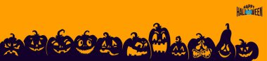 Balkabağı silueti. Jack o Lantern 'in olduğu Cadılar Bayramı afişi. Poster, afiş, broşür. Örümcekli örümcek ağı. Siyah beyaza. Mektup. Cadılar Bayramı partisi. Düz tasarım vektörü.