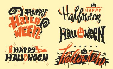 Mutlu Cadılar Bayramı mektupları seti. Pankart için tatil mektupları. Tasarım koleksiyonu Mutlu Cadılar Bayramı posteri, tebrik kartı, parti davetiyesi. Metin pankartı ya da arkaplan. Vektör düz resimleme.