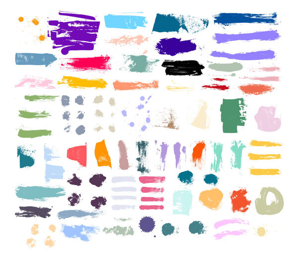 Коллекция гранж акварельные чернила текстуры ручной окрашены пастельный порошок цветные сухие брызги кисти, пятна, пятна, штрихи, полосы, шаблоны, грязные геометрические формы. Векторный красочный свободный рисунок.